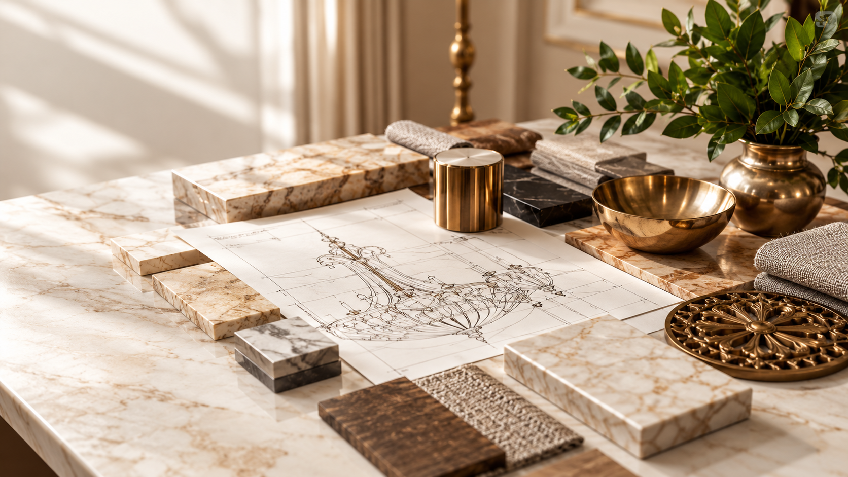 Bespoke design process with material samples, drawings and decorative finishes