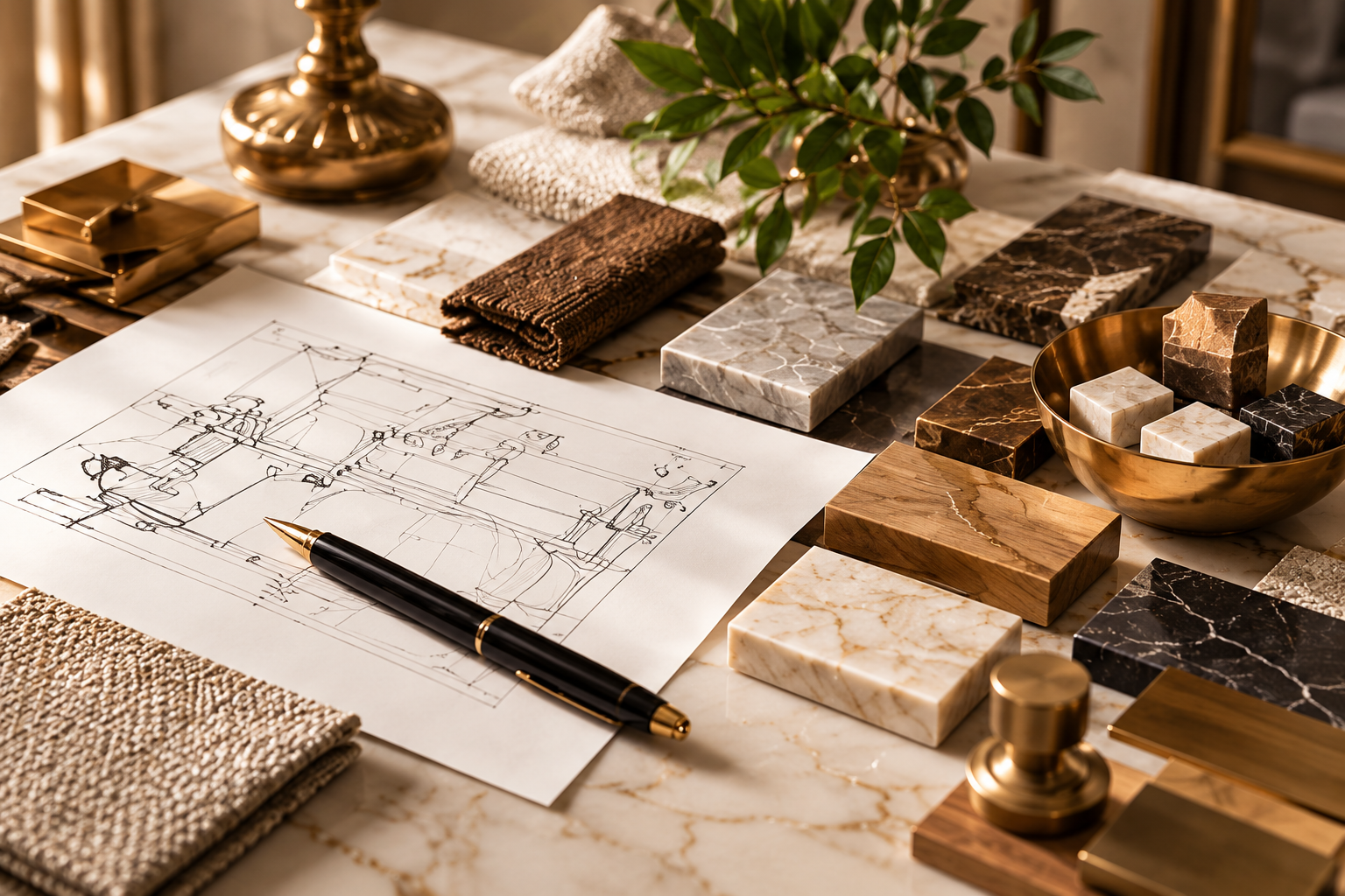Bespoke design brief with drawings, material samples and finish selections