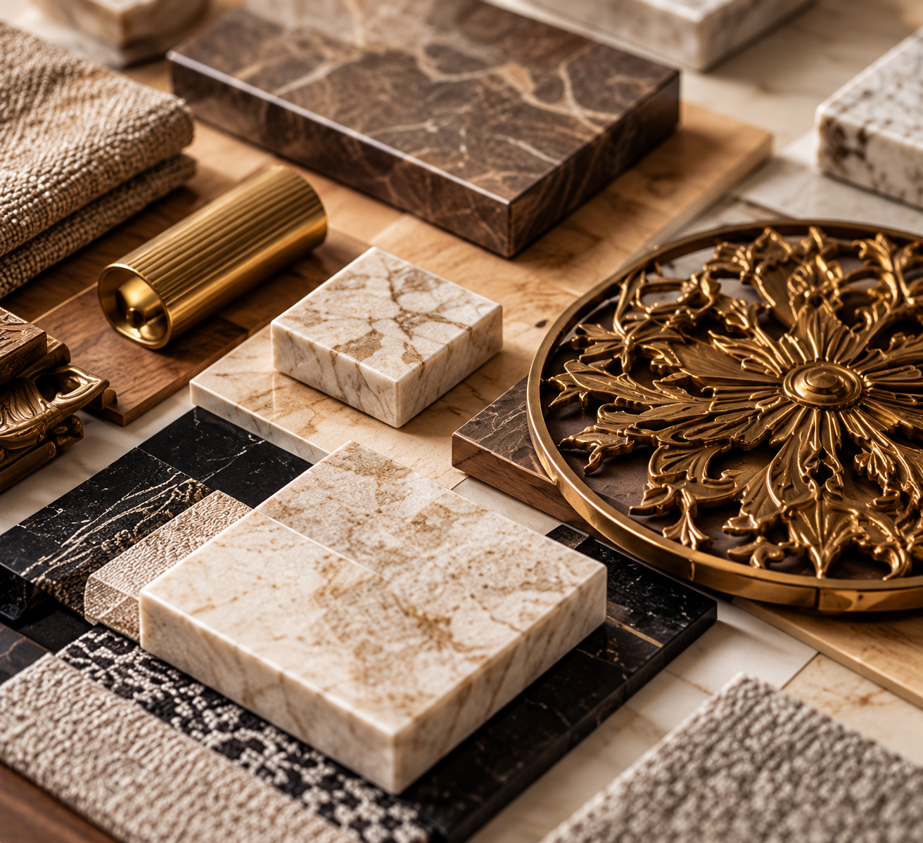 Selected marble, fabric, wood and brass finish samples for bespoke design