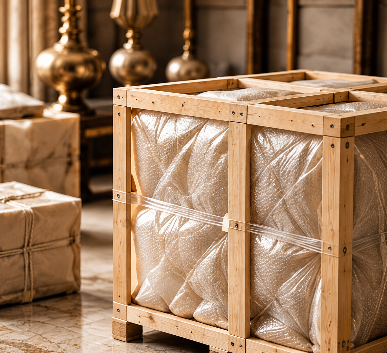 Bespoke piece carefully packed in a protective wooden crate for delivery